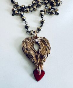 Bronze angel wing pendant necklace with red heart