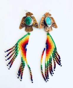 Colorful beaded earrings with bird-shaped tops and turquoise stones.