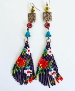 Colorful beaded earrings with floral patterns and "LOVE" charms.