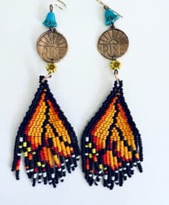 Colorful beaded earrings with butterfly wing pattern and 'RISE' charms.