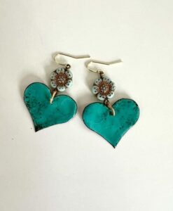 Turquoise heart-shaped earrings with floral accents on hooks.