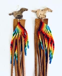Handcrafted earrings with horse design and rainbow bead fringes.