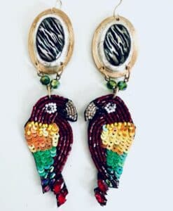Colorful parrot-shaped earrings with sequins and beads.