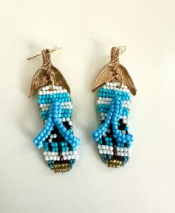 Handcrafted beaded earrings shaped like blue flip-flops with gold hooks.