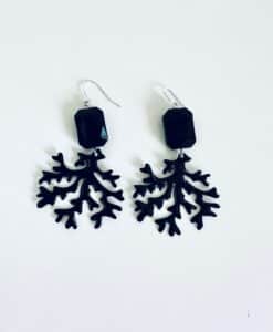 Black coral-inspired earrings with geometric top stones on a white background.