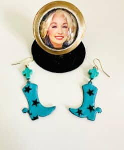 Blue cowboy boot earrings with black stars and turquoise beads.