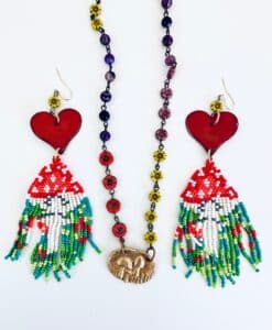 Colorful beaded earrings with red hearts and matching beaded necklace with floral patterns.