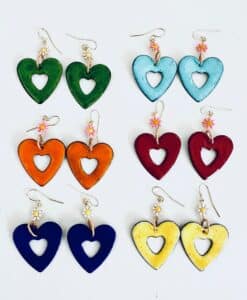 Colorful heart-shaped earrings in six vibrant colors with floral hooks.