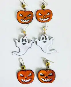 Halloween-themed earrings with pumpkins and ghosts.