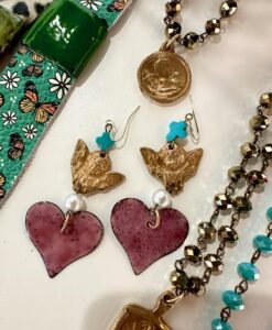 Pink heart earrings with bird and coin pendants