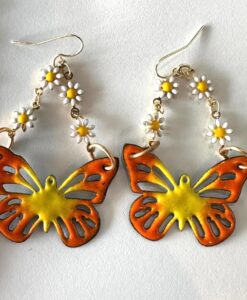 Orange and yellow butterfly earrings with daisies