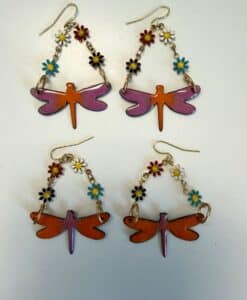 Four colorful dragonfly and flower earrings