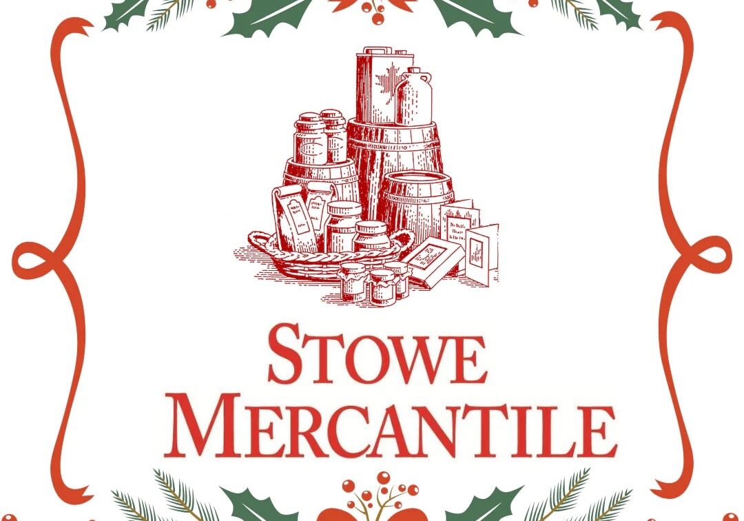 Festive Stowe Mercantile logo with holiday decorations and gifts.